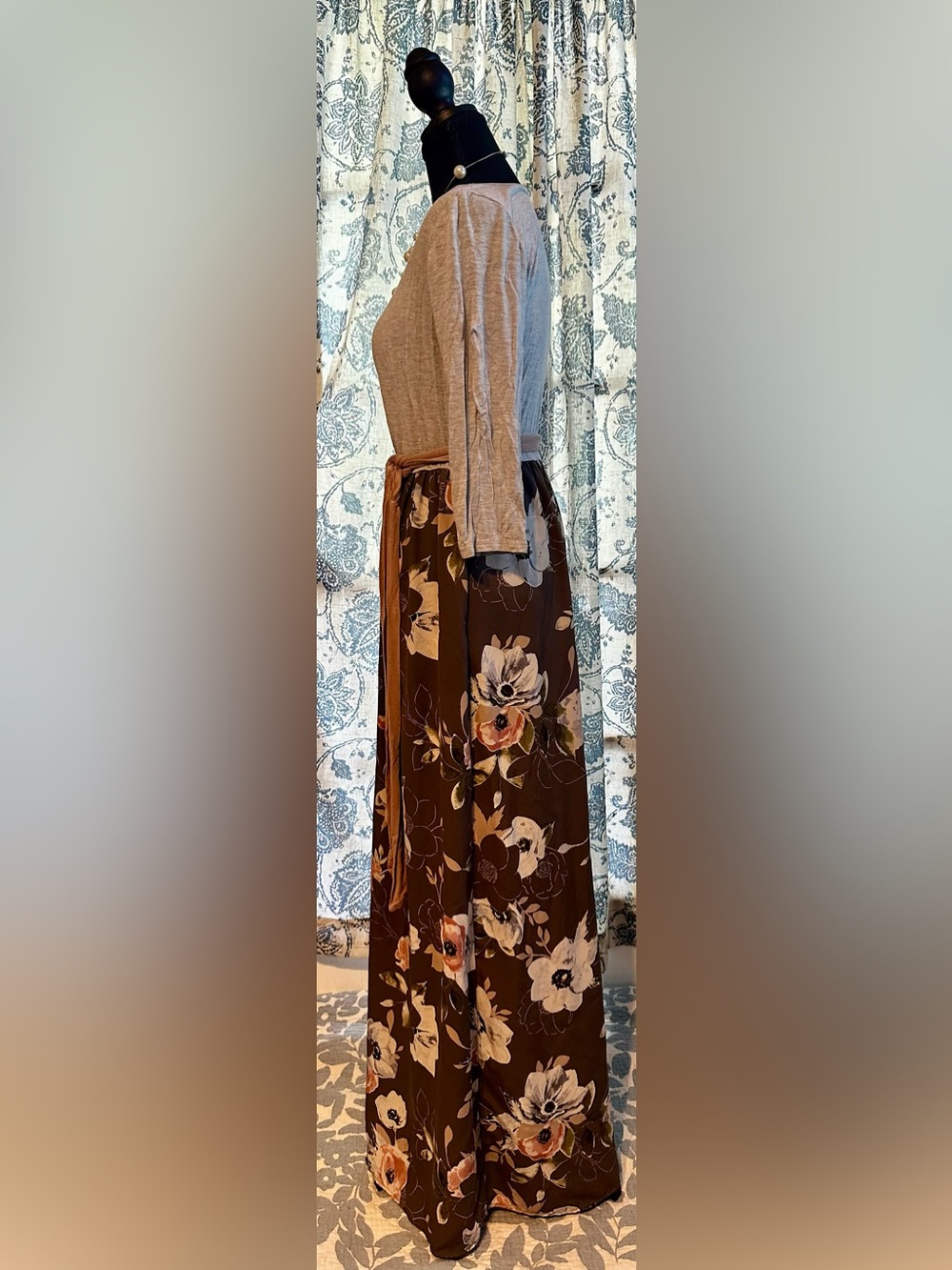 Grey Floral Maxi Dress with Peach Accents and Sash - Picture 3 of 6